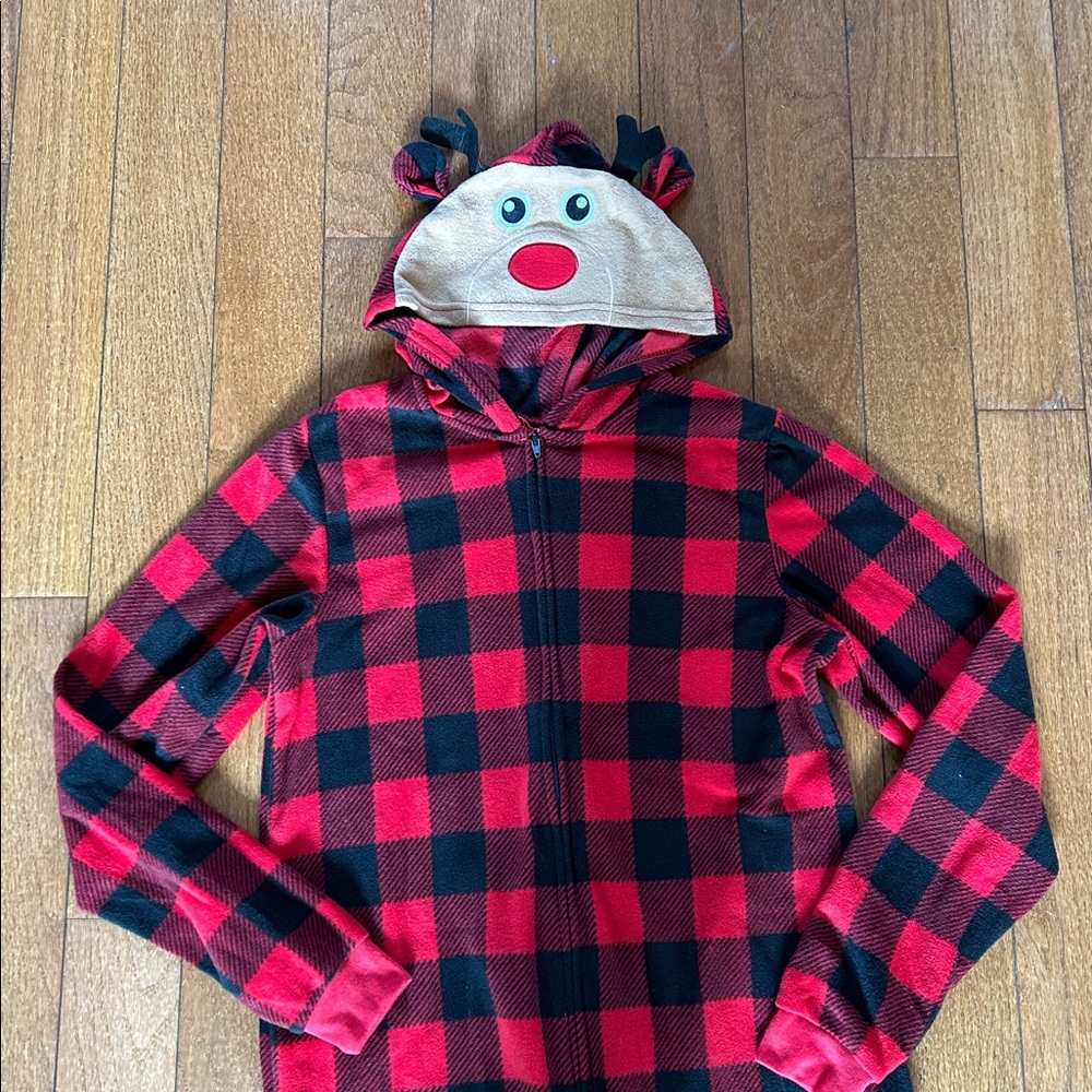 Holiday FamJams Red and Black Plaid Hooded Reindeer Onesie Pajamas - XL 14/16